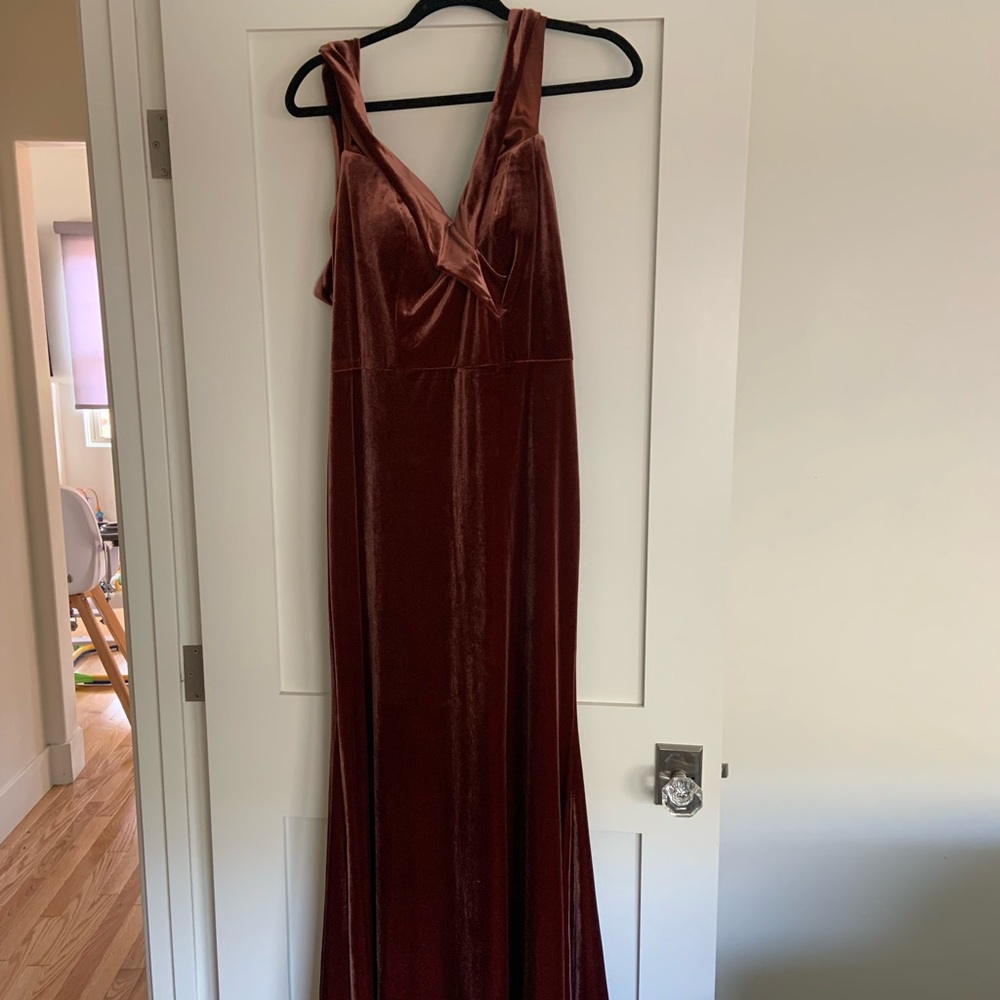 Bardot Velvet Dress by Reverly in Terracotta bridesmaid